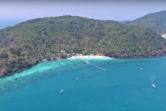 Aerial view of the Koh He Island (Coral Island) Beach